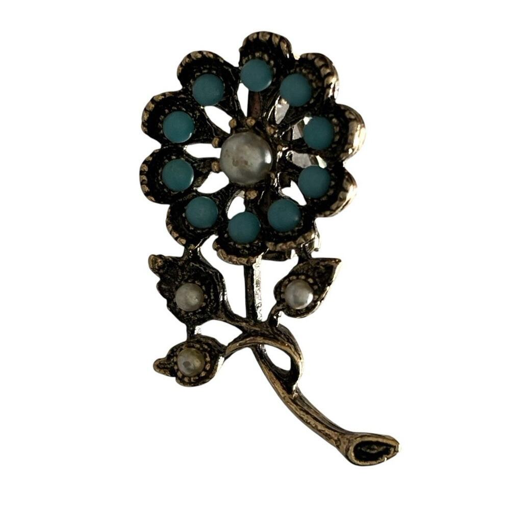 Turquoise Pearl Flower Brooch Pin Antiqued Gold Tone 1.25” Vintage Jewelry